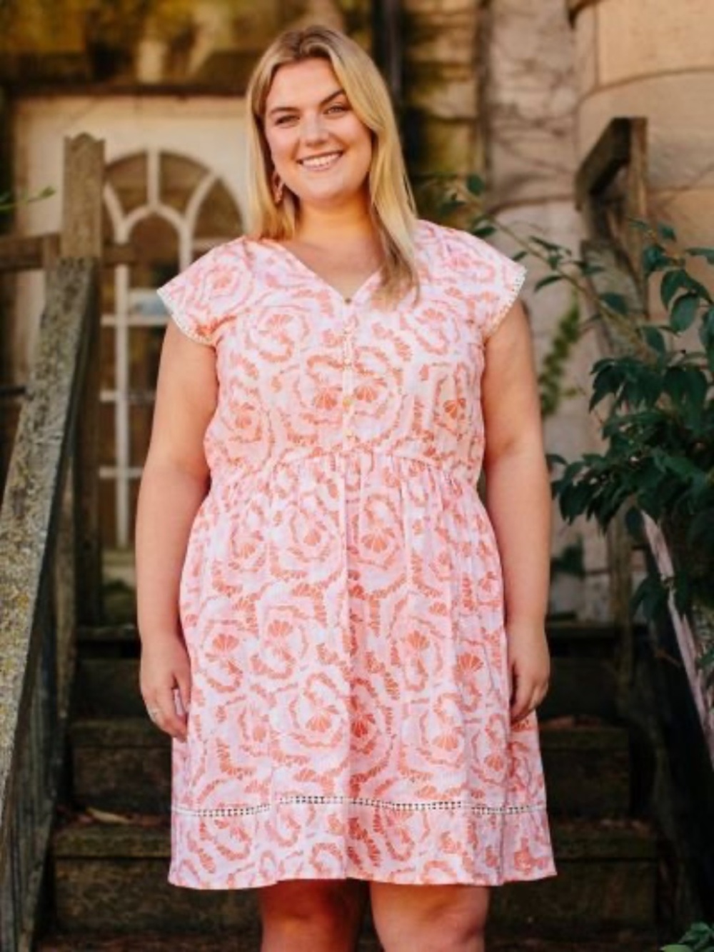 Mata Traders Coral Floral Print Dotted Trim Plus Size Dress 1X